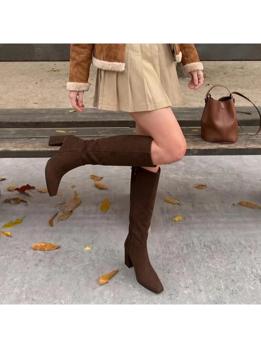 Women's Brown Suede Sleek Modern Style Block Heel Square Toe Knee High Boots